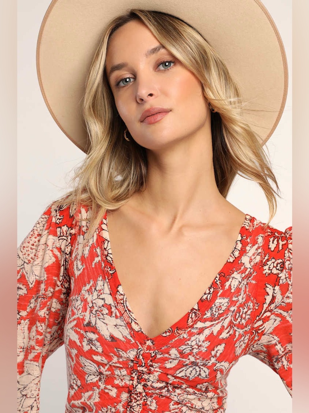 Free People NWT Say The Word Ruched Floral Top Ruby Red Women Size XL